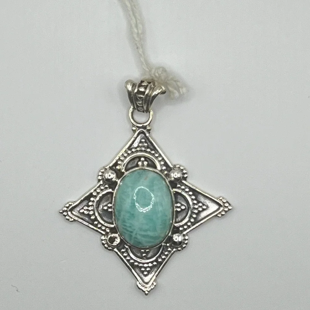 Sterling Silver Amazonite Pendant Oval Cabochon Gemstone Vintage Style 925